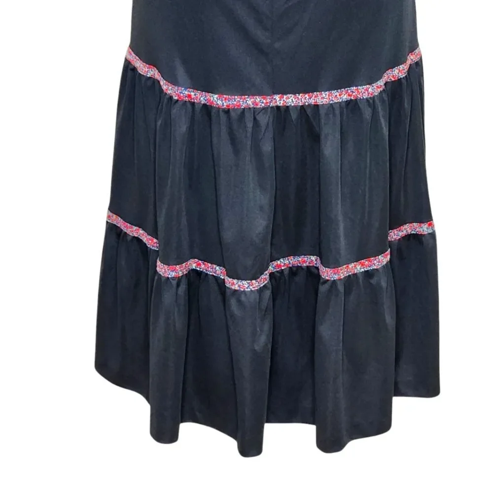 Vintage 70s Jody T California Floral Bib Black Tiered Midi Dress 9 Western Boho